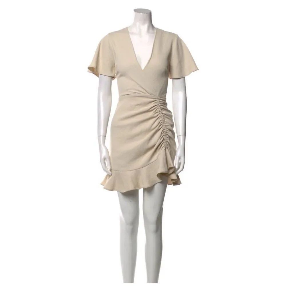 Sandro New Authentic Solid Beige V Neck Short Sleeve Mini Dress 36 Small $360